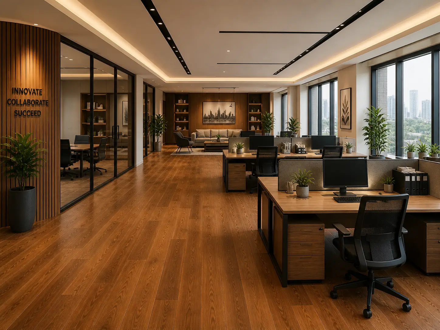 interior kantor dengan lantai kayu