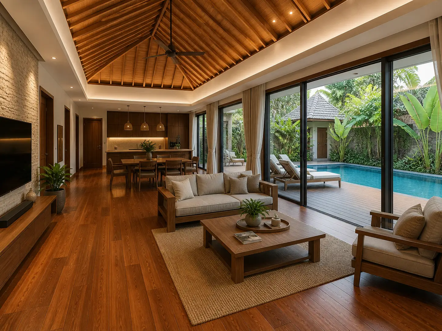 interior villa dengan lantai kayu