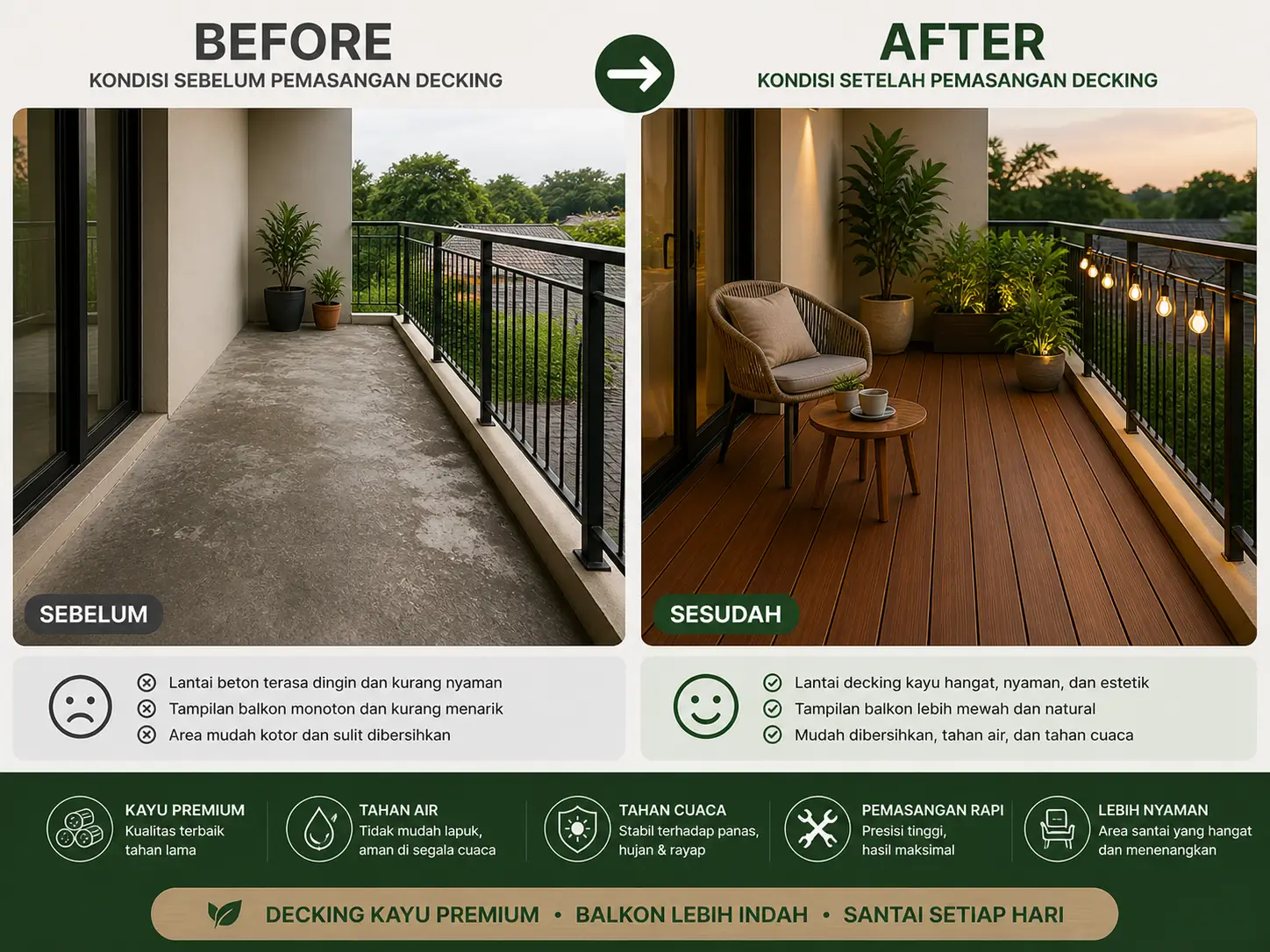 Transformasi balkon dengan decking kayu
