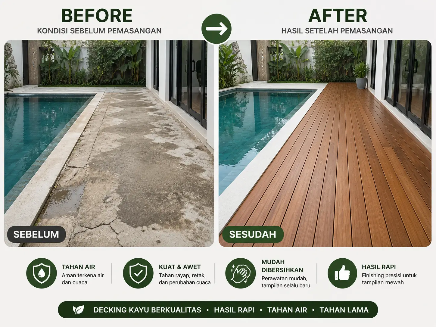 pemasangan decking kayu kolam yang rapi