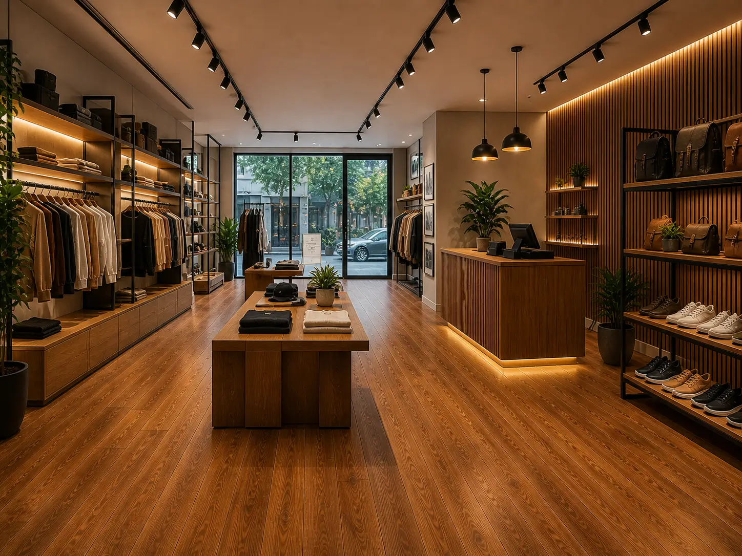 desain interior toko dengan lantai kayu